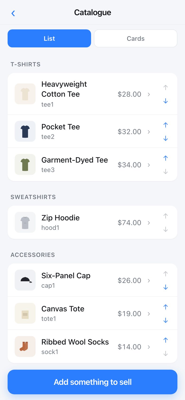 The catalogue screen showing eight products grouped into shelves