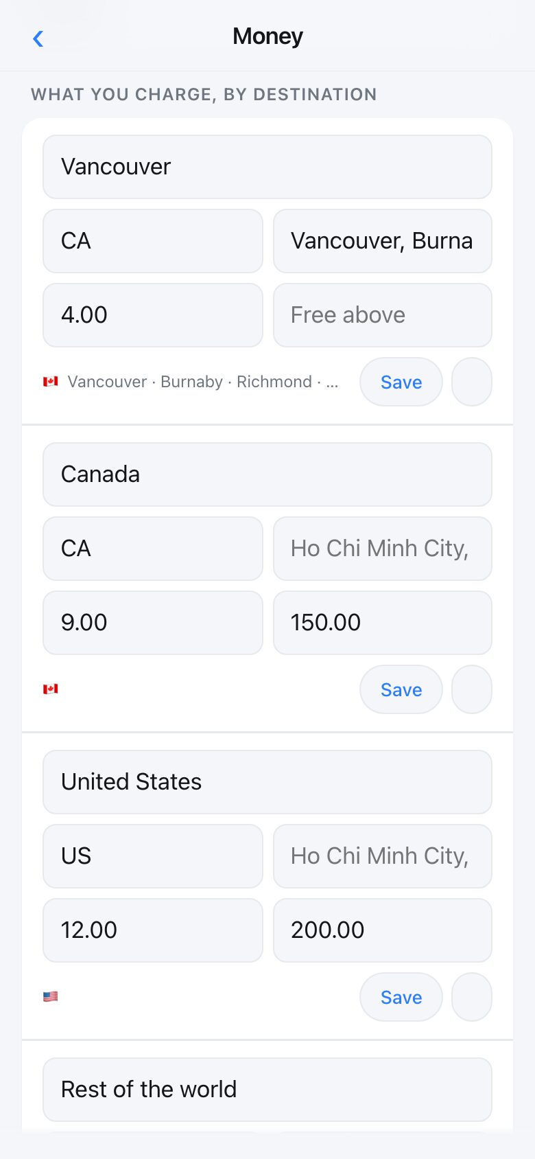 The delivery screen showing several tiers, each with the places it covers and a price