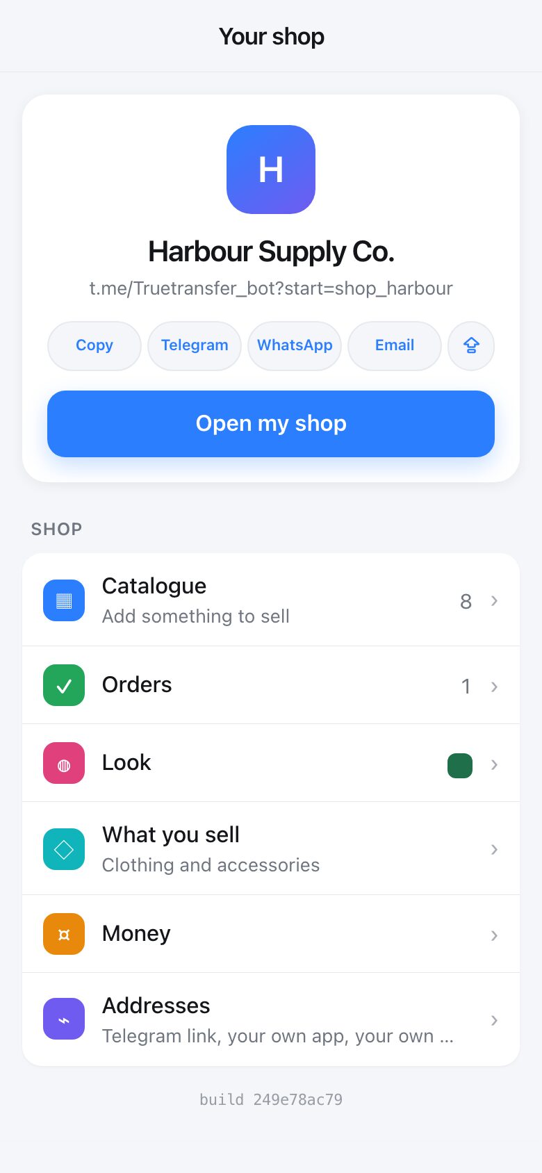 Your shop admin. Telegram already knows who you are, so there is nothing to sign in to.