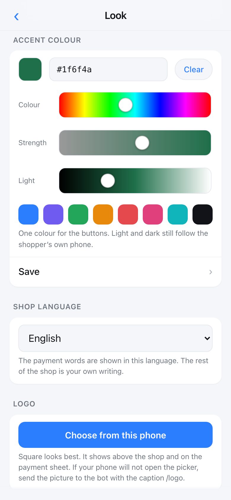 The Look screen with a live preview, light and dark options, a colour picker and a logo upload