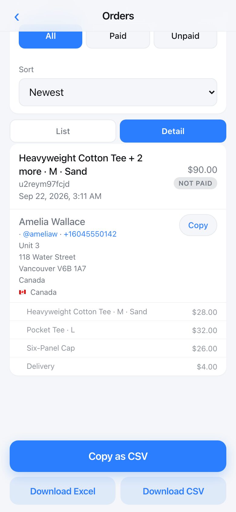 An order showing the order number, when it was placed, the buyer, their telephone and their full address