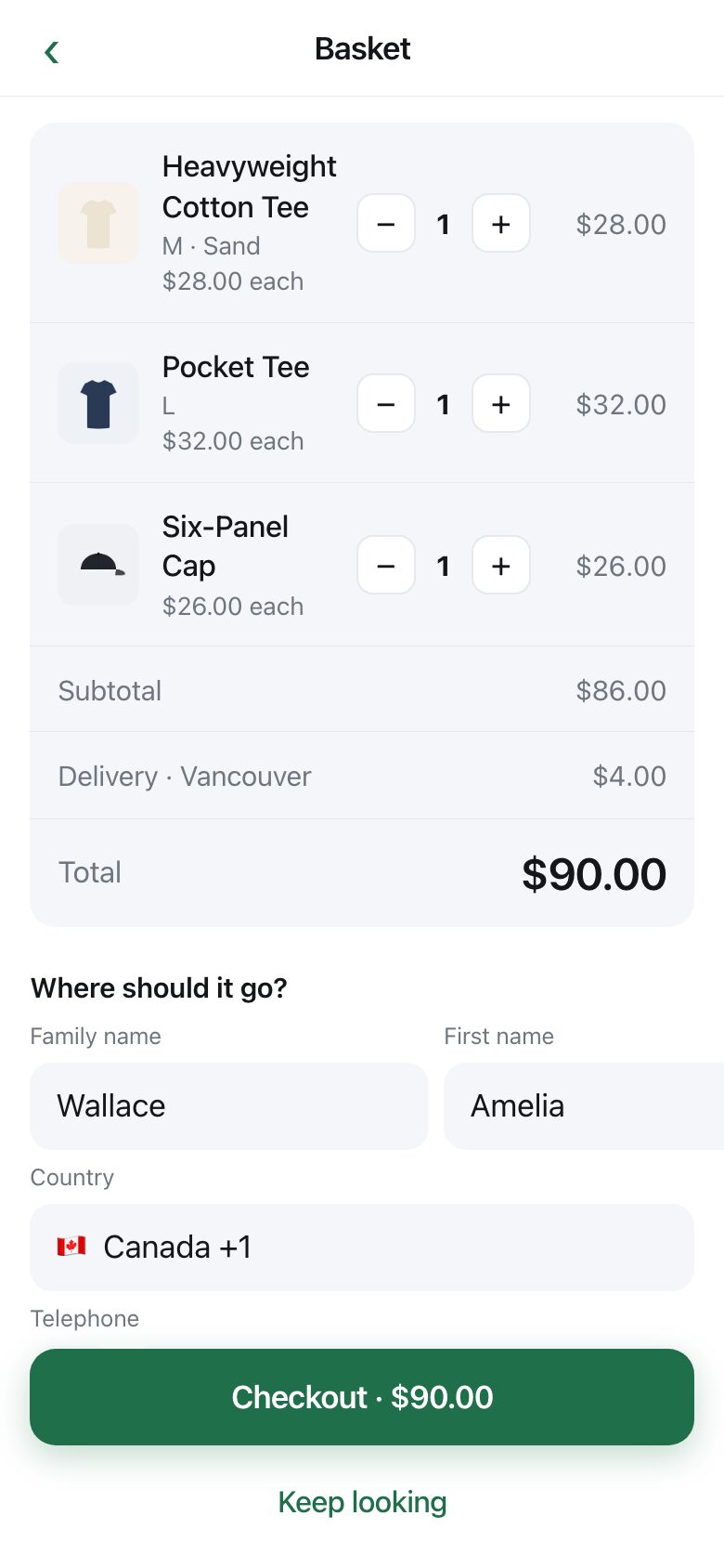 A basket with three items, a subtotal, a named delivery charge and a total, above an address form