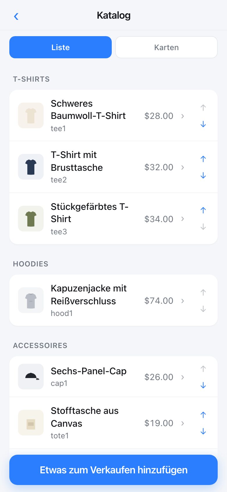 The catalogue screen showing eight products grouped into shelves