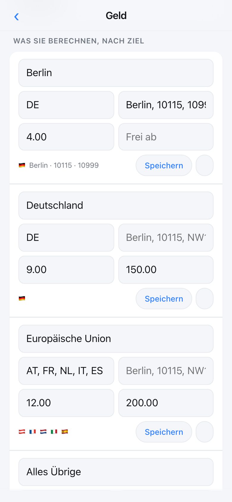 The delivery screen showing several tiers, each with the places it covers and a price