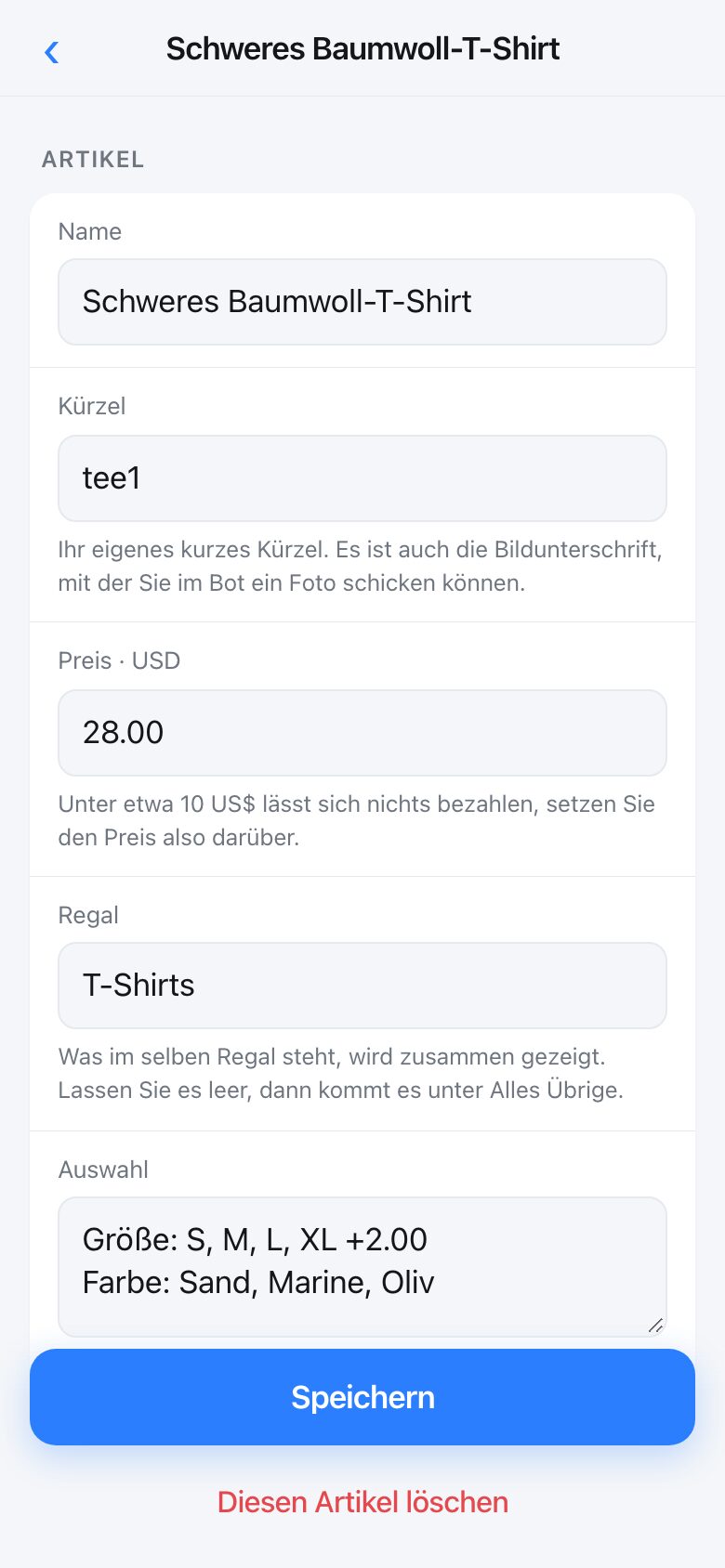Editing one product: name, code, price, shelf and choices