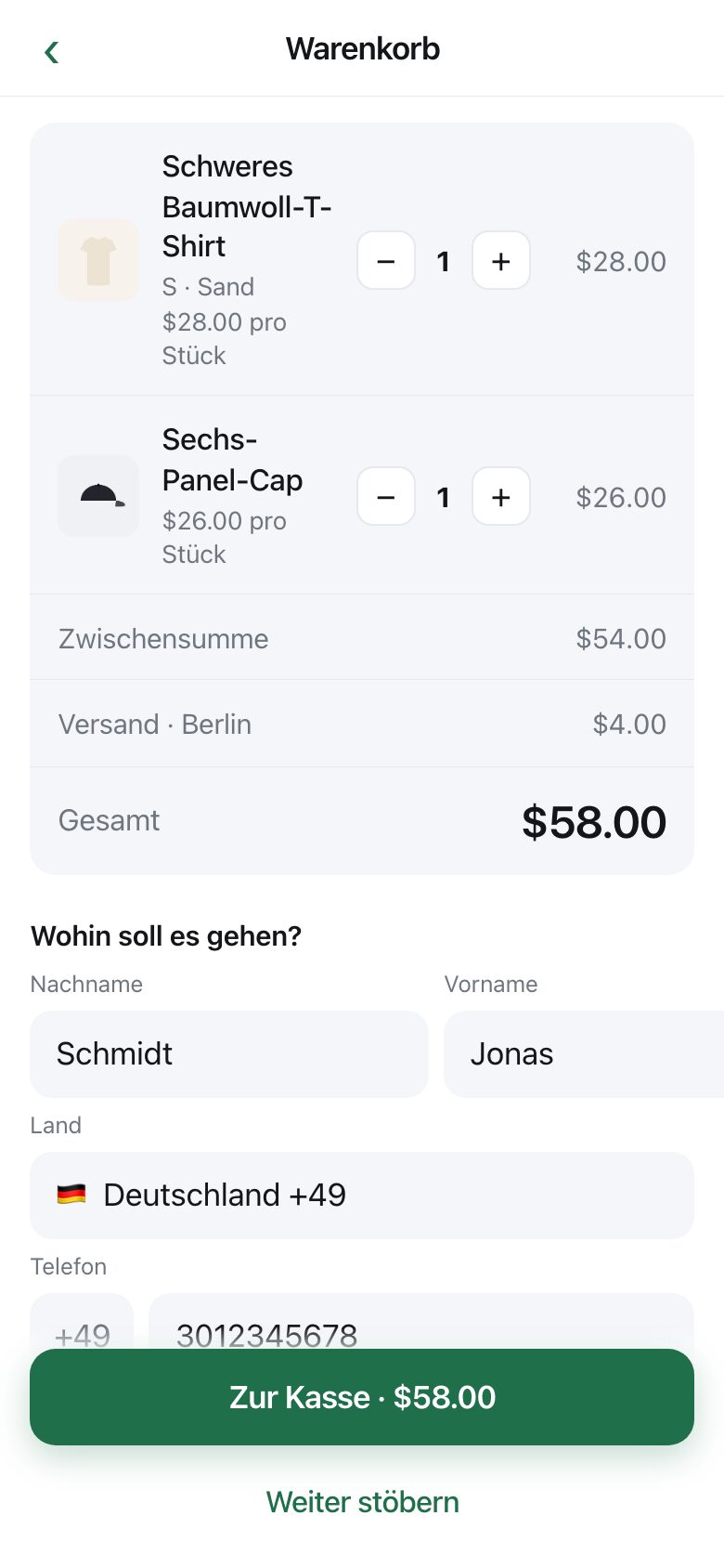 A basket with three items, a subtotal, a named delivery charge and a total, above an address form