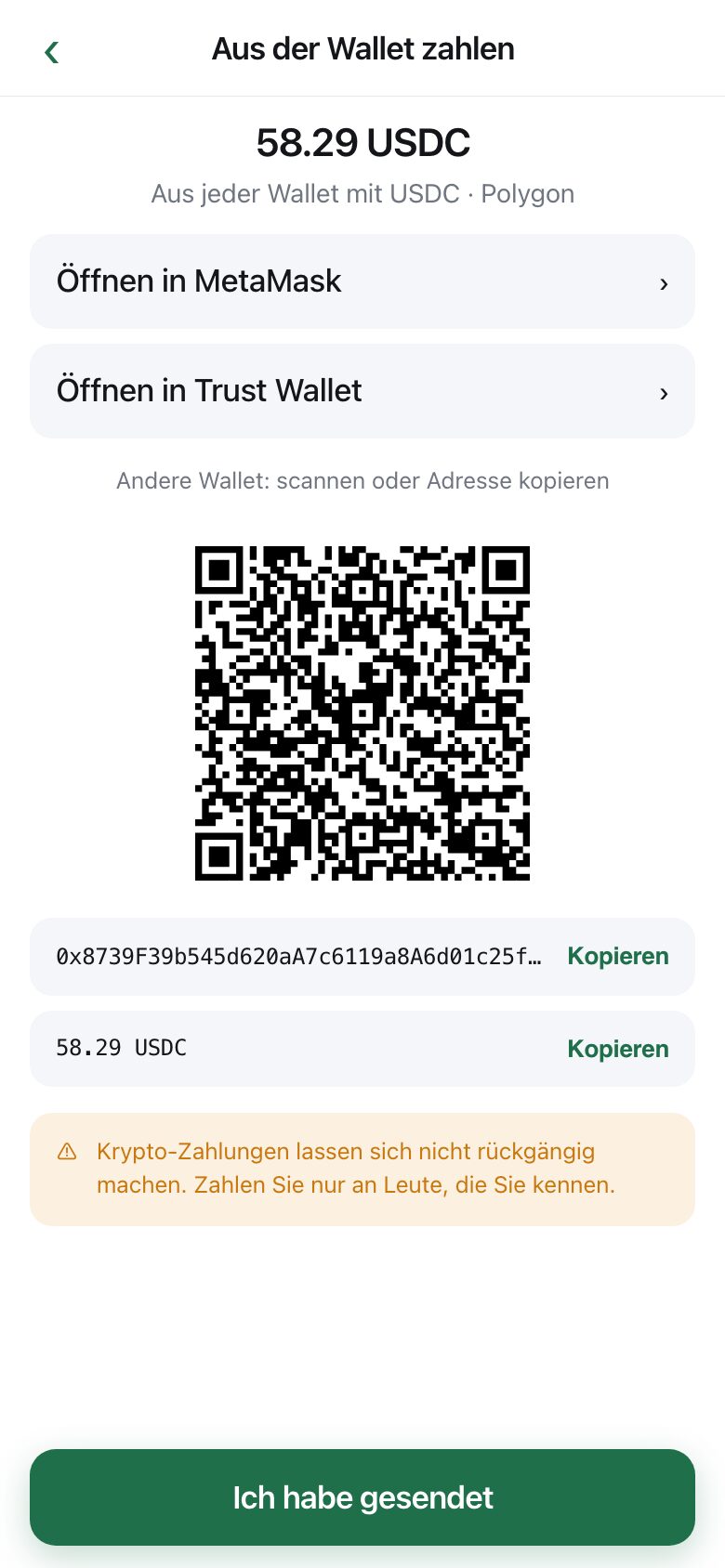 A wallet payment screen with the exact amount, a QR code, the address, and buttons to open a wallet app