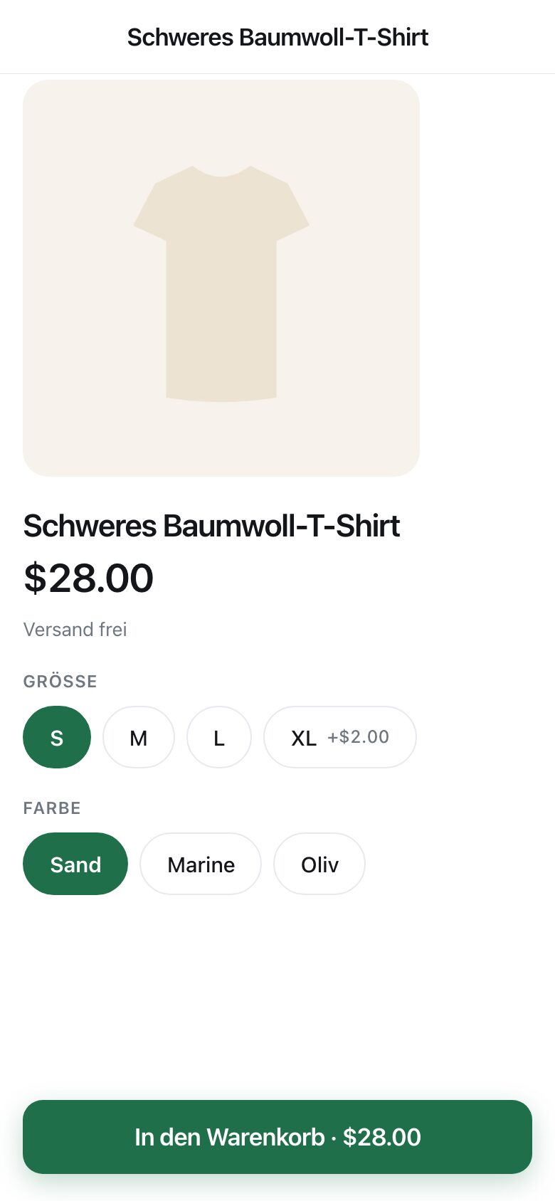 A product page showing a T-shirt with size and colour choices and a delivery line