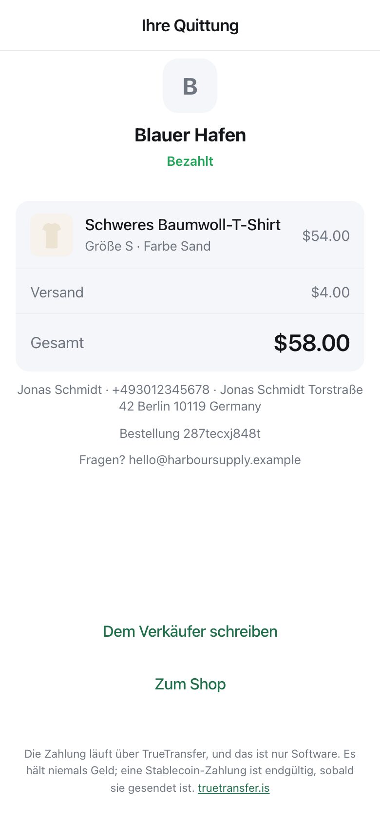 A receipt showing the shop name, the item, delivery, the total, and buttons to message the seller