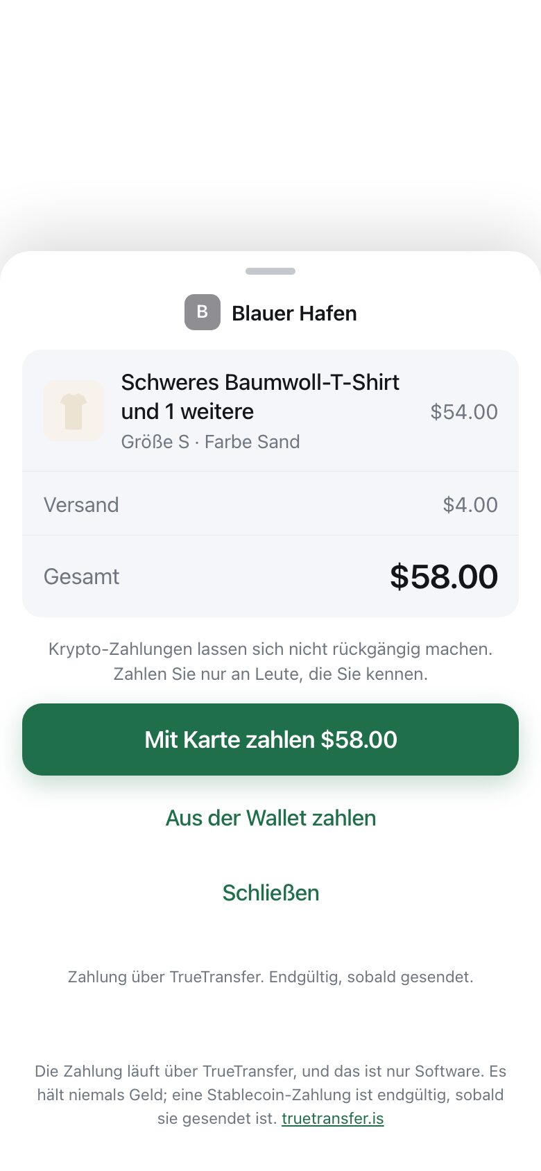 A payment sheet sliding up from the bottom showing shop name, items, delivery and total, with a pay button