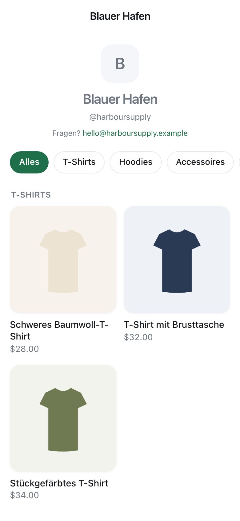 A shop page with T-shirts, a hoodie and a cap, each with a photograph and a price