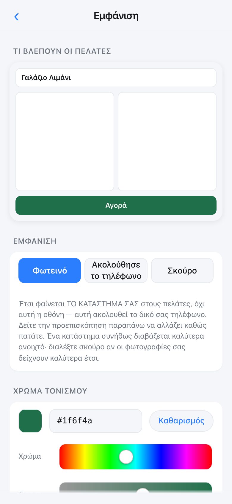 The Look screen with a live preview, light and dark options, a colour picker and a logo upload