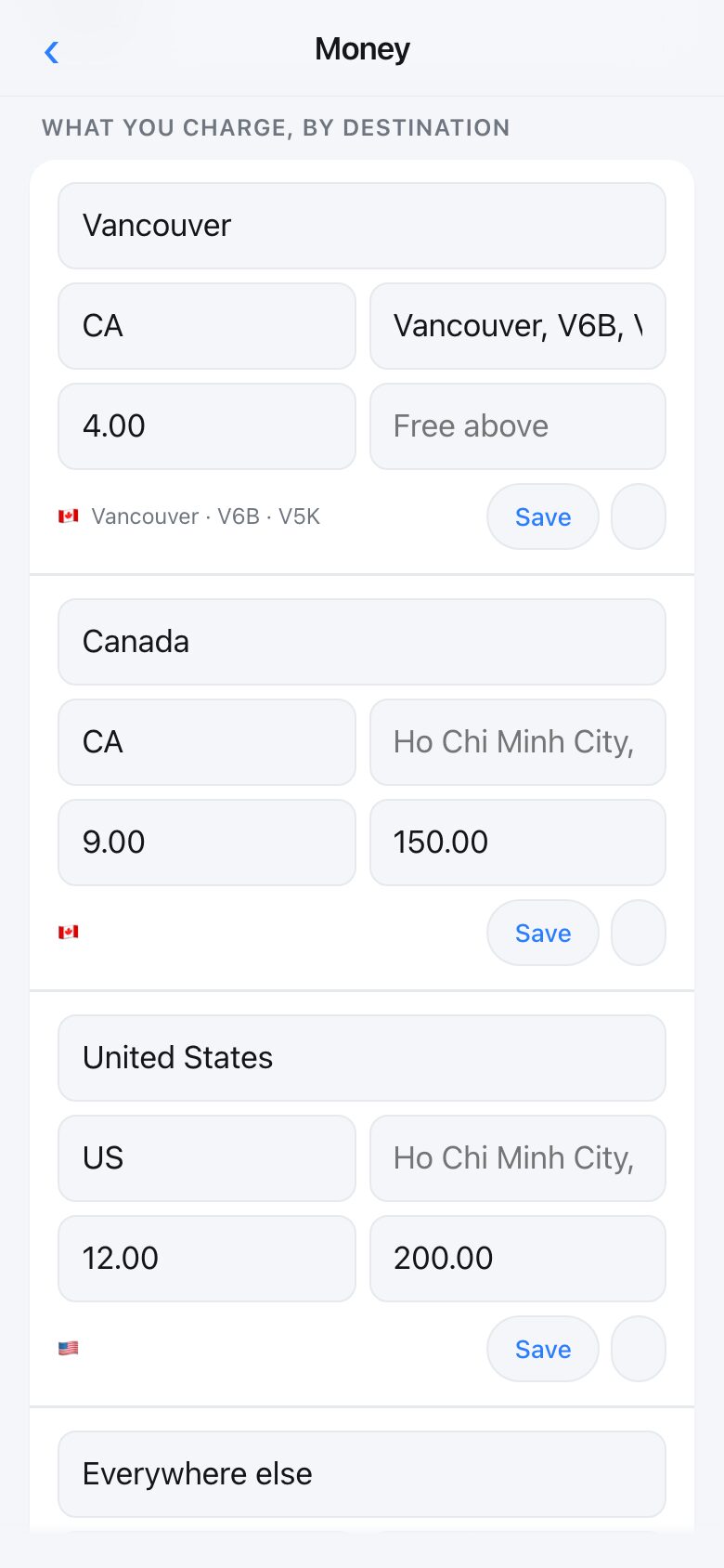 The delivery screen showing several tiers, each with the places it covers and a price