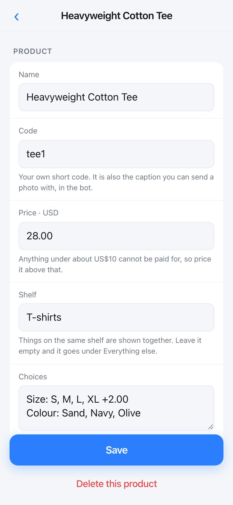 Editing one product: name, code, price, shelf and choices