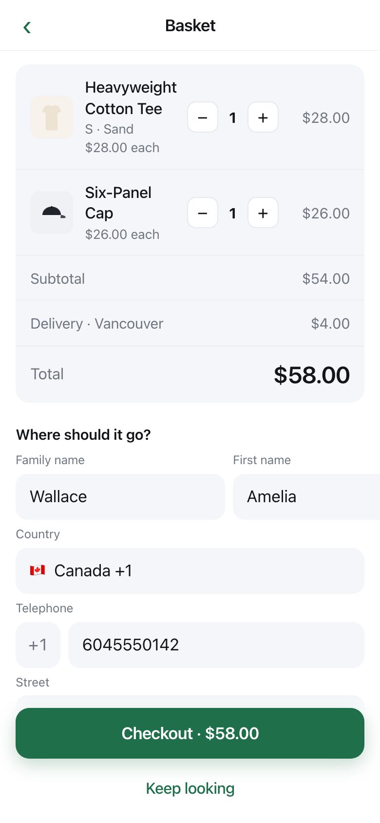 A basket with three items, a subtotal, a named delivery charge and a total, above an address form