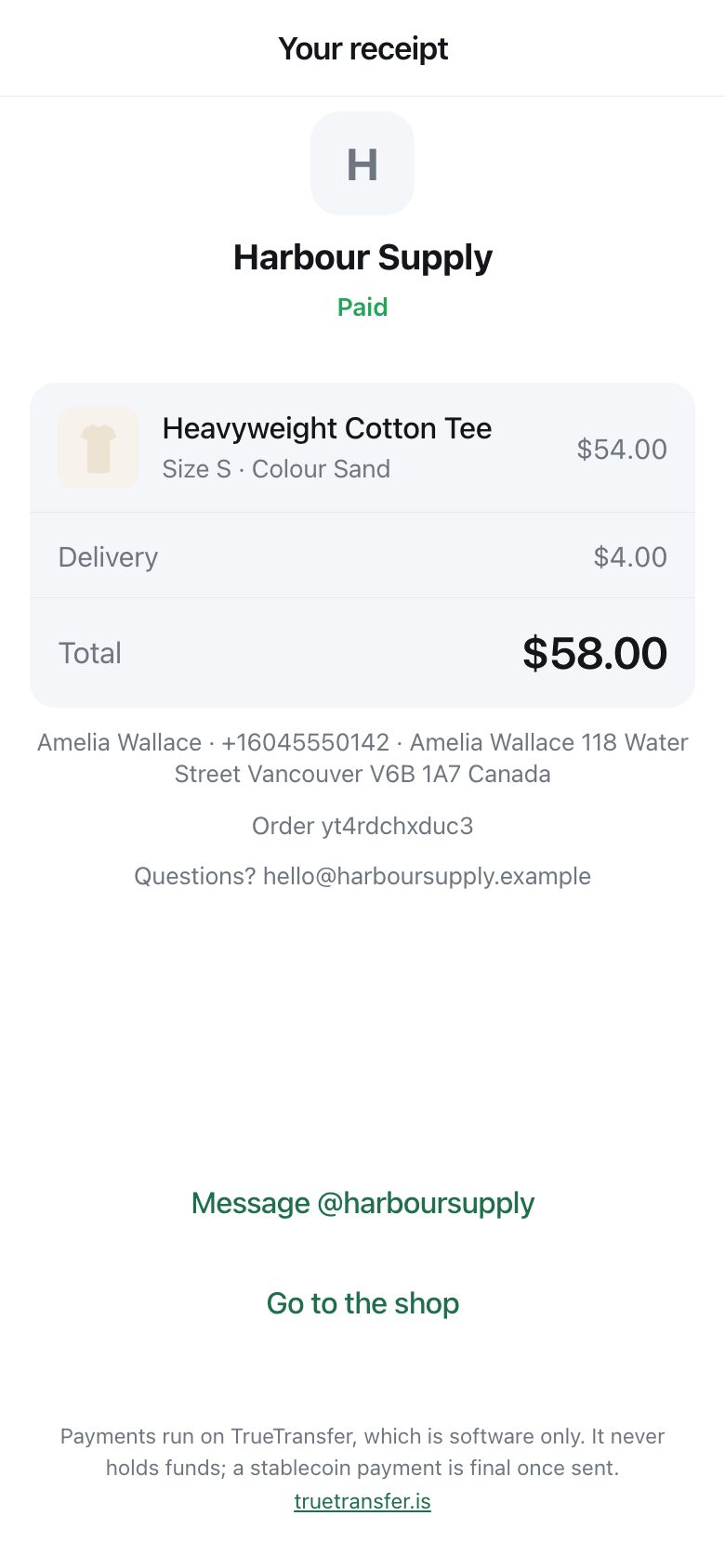 A receipt showing the shop name, the item, delivery, the total, and buttons to message the seller