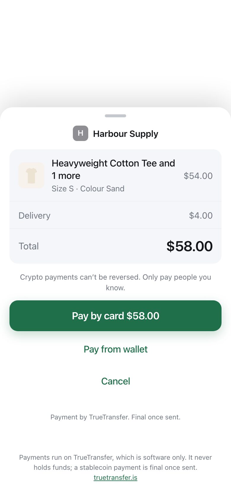 A payment sheet sliding up from the bottom showing shop name, items, delivery and total, with a pay button