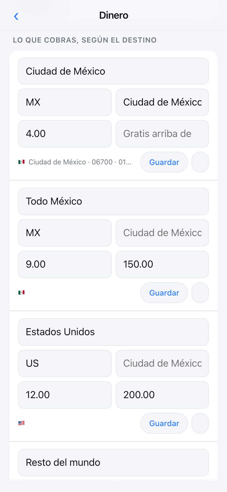 The delivery screen showing several tiers, each with the places it covers and a price