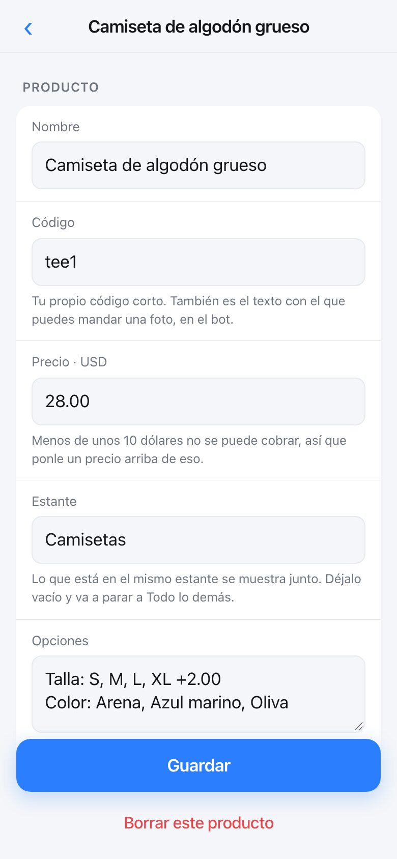 Editing one product: name, code, price, shelf and choices