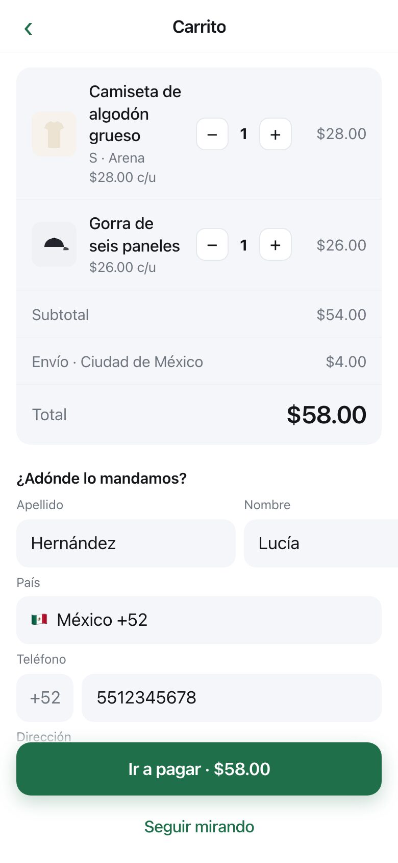 A basket with three items, a subtotal, a named delivery charge and a total, above an address form