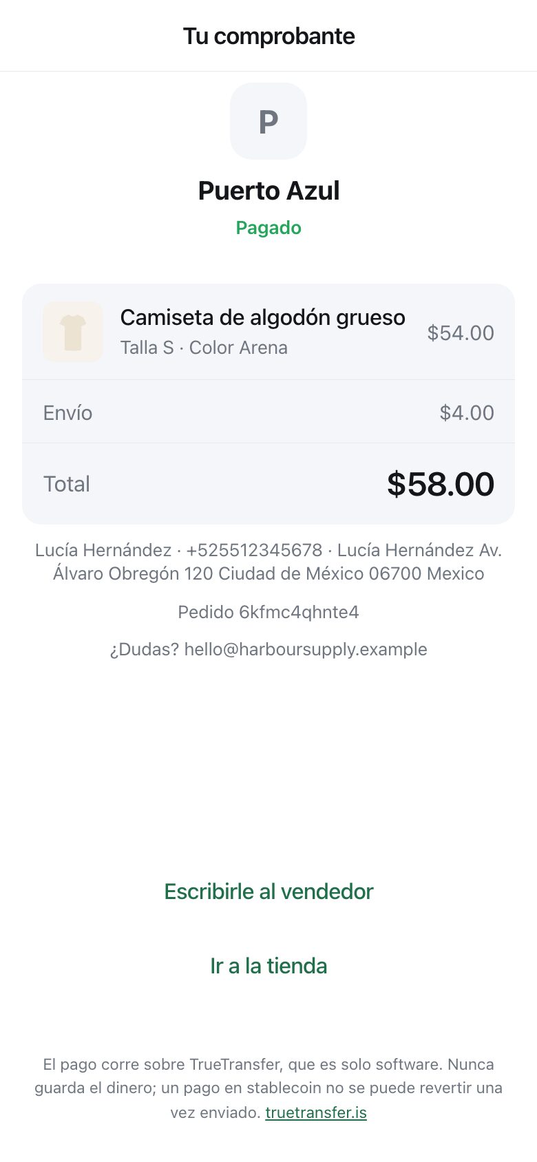 A receipt showing the shop name, the item, delivery, the total, and buttons to message the seller