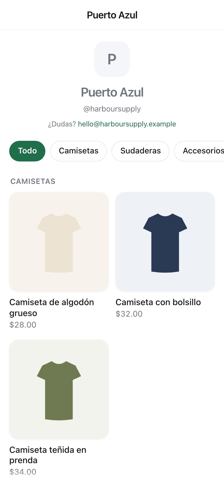 A shop page with T-shirts, a hoodie and a cap, each with a photograph and a price