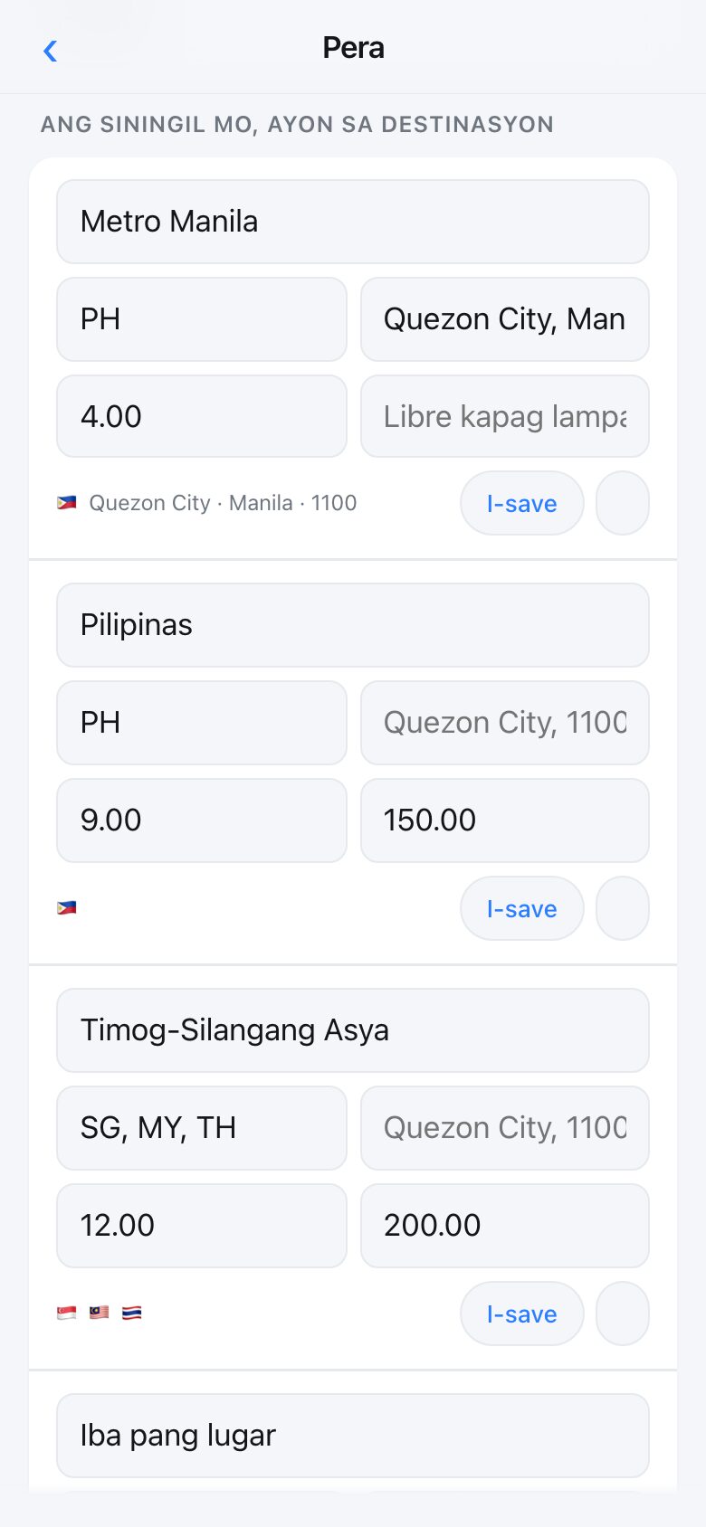 The delivery screen showing several tiers, each with the places it covers and a price