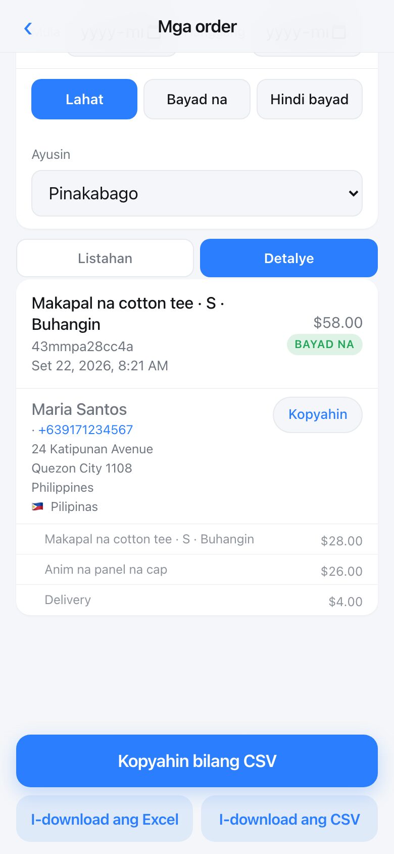 An order showing the order number, when it was placed, the buyer, their telephone and their full address