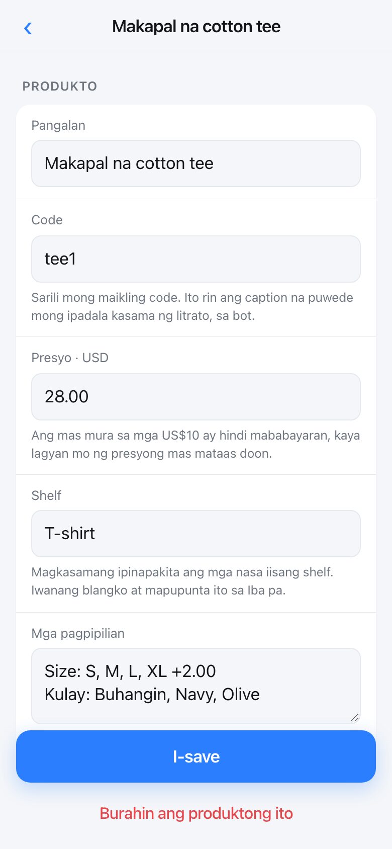 Editing one product: name, code, price, shelf and choices
