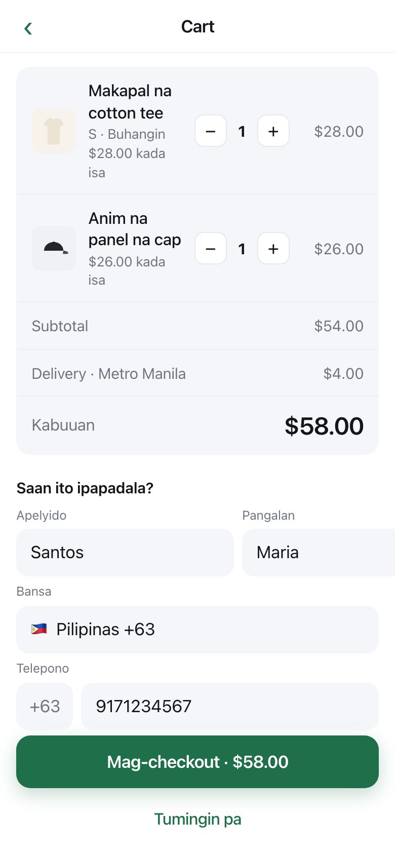 A basket with three items, a subtotal, a named delivery charge and a total, above an address form