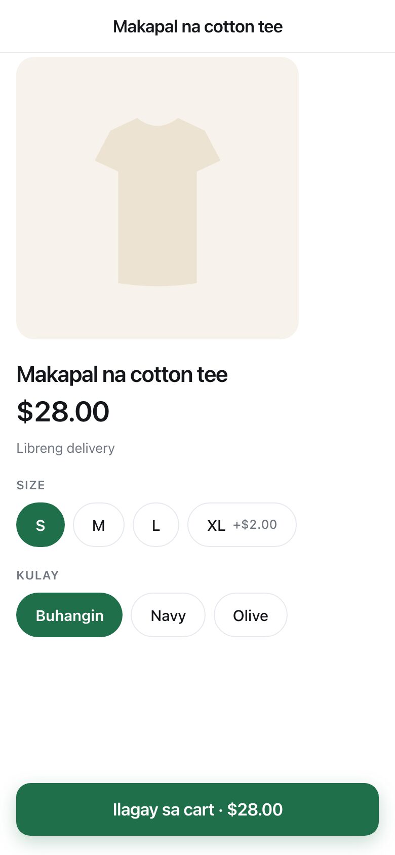 A product page showing a T-shirt with size and colour choices and a delivery line