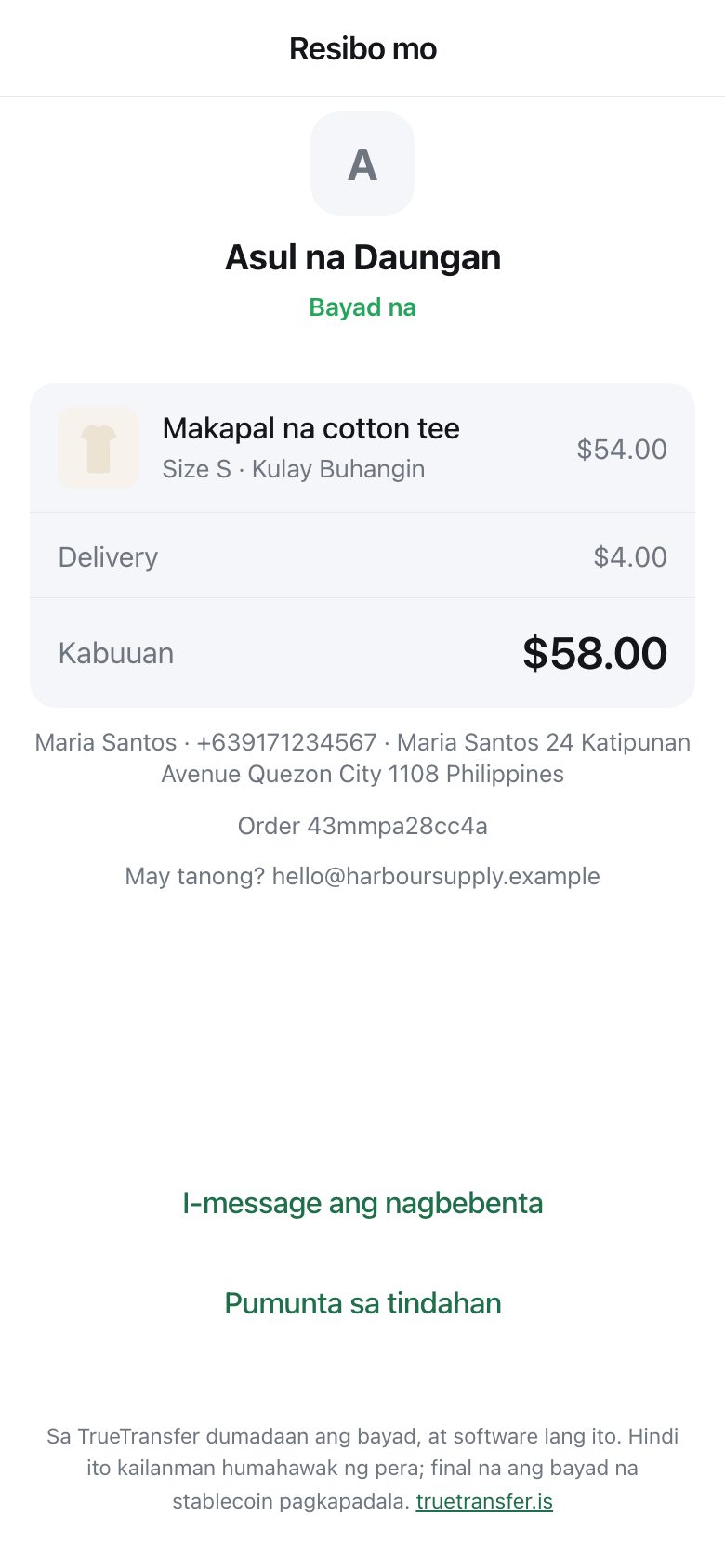 A receipt showing the shop name, the item, delivery, the total, and buttons to message the seller