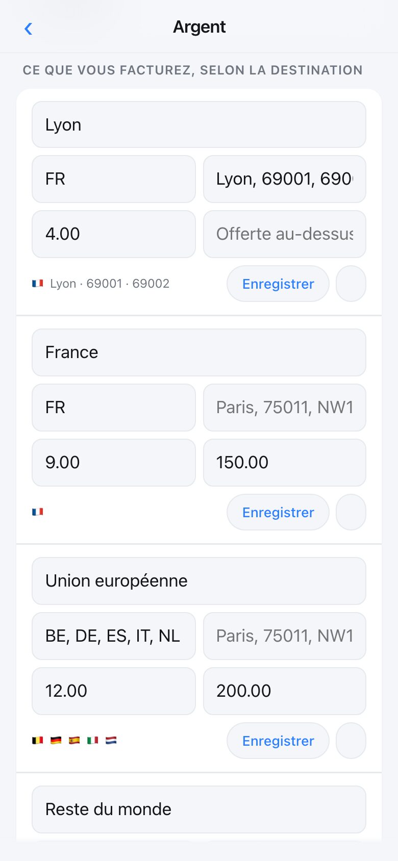 The delivery screen showing several tiers, each with the places it covers and a price