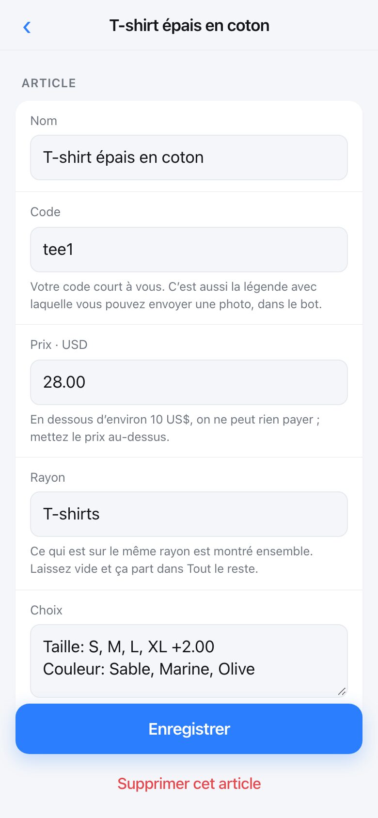 Editing one product: name, code, price, shelf and choices