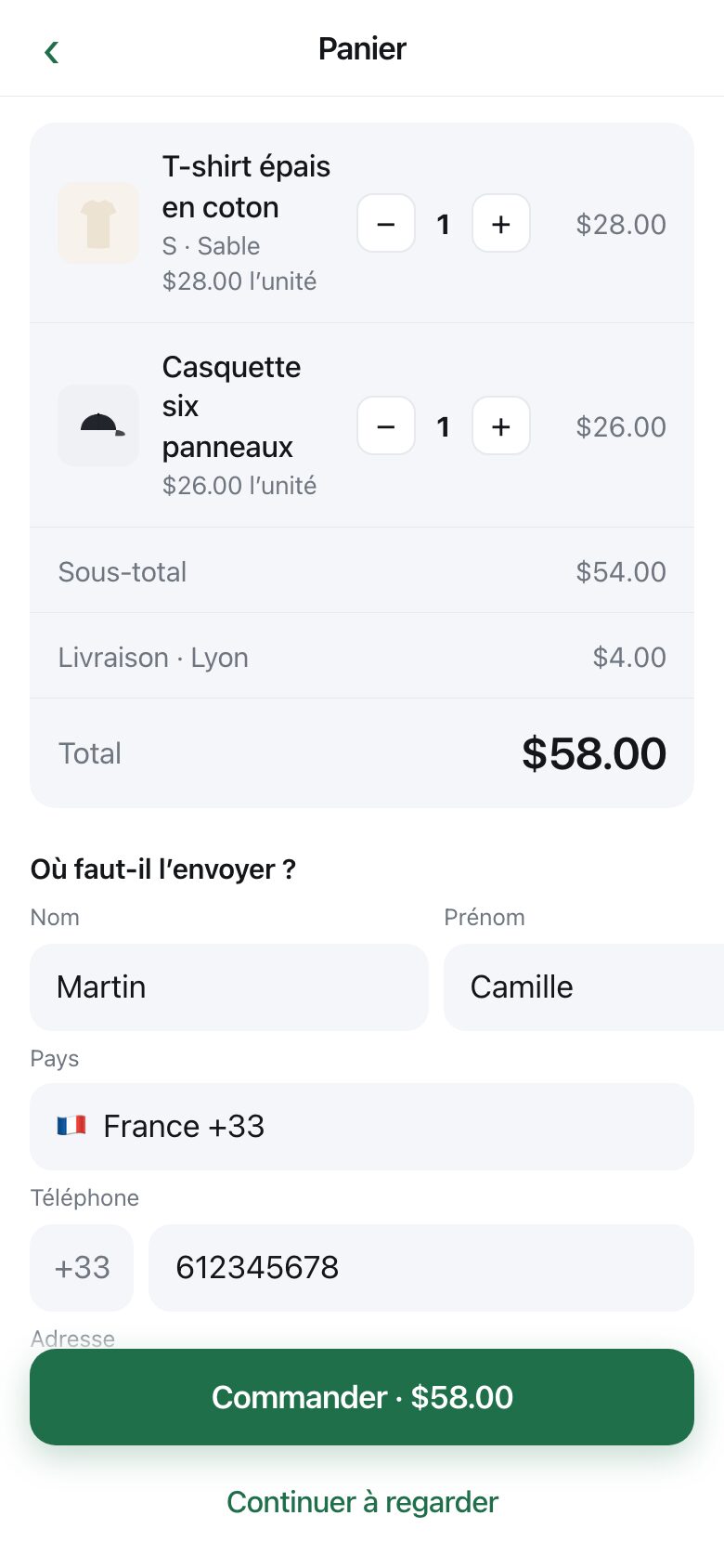 A basket with three items, a subtotal, a named delivery charge and a total, above an address form