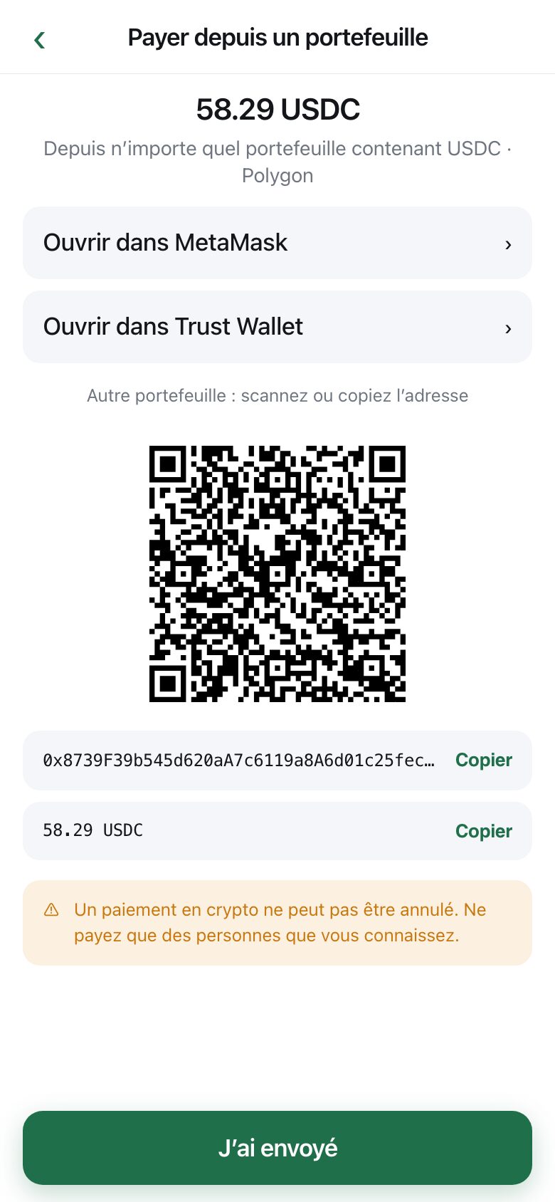 A wallet payment screen with the exact amount, a QR code, the address, and buttons to open a wallet app