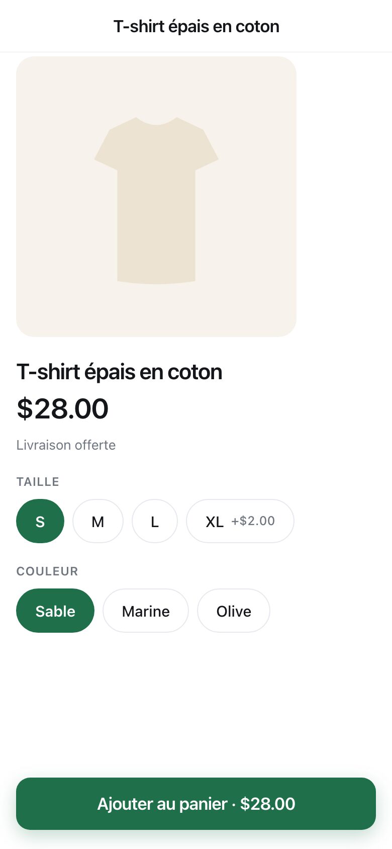 A product page showing a T-shirt with size and colour choices and a delivery line