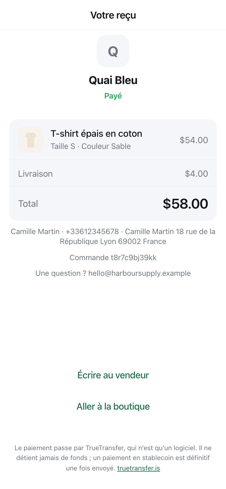 A receipt showing the shop name, the item, delivery, the total, and buttons to message the seller