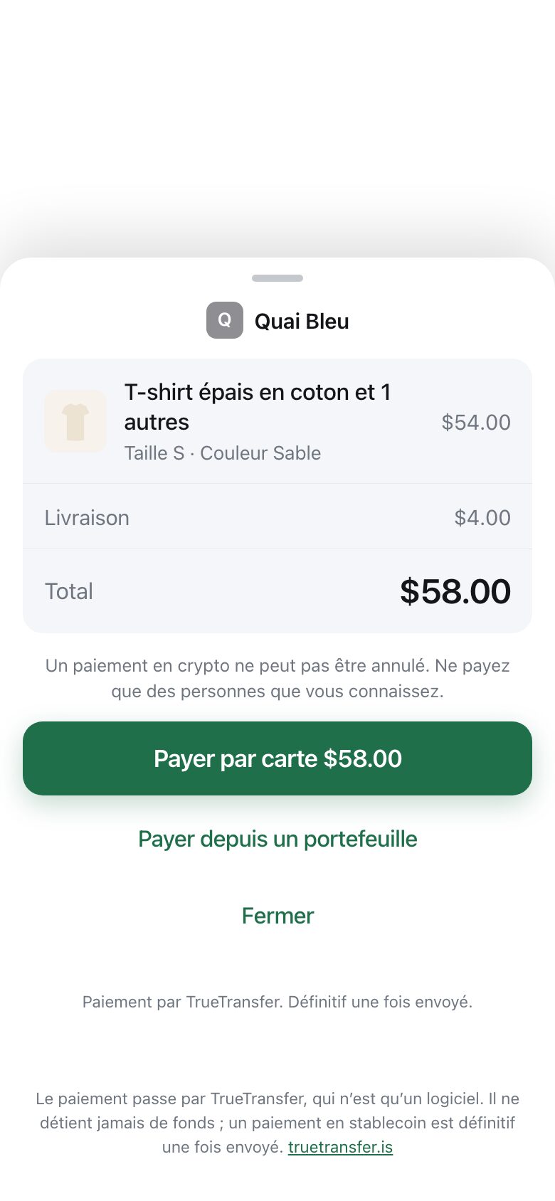 A payment sheet sliding up from the bottom showing shop name, items, delivery and total, with a pay button