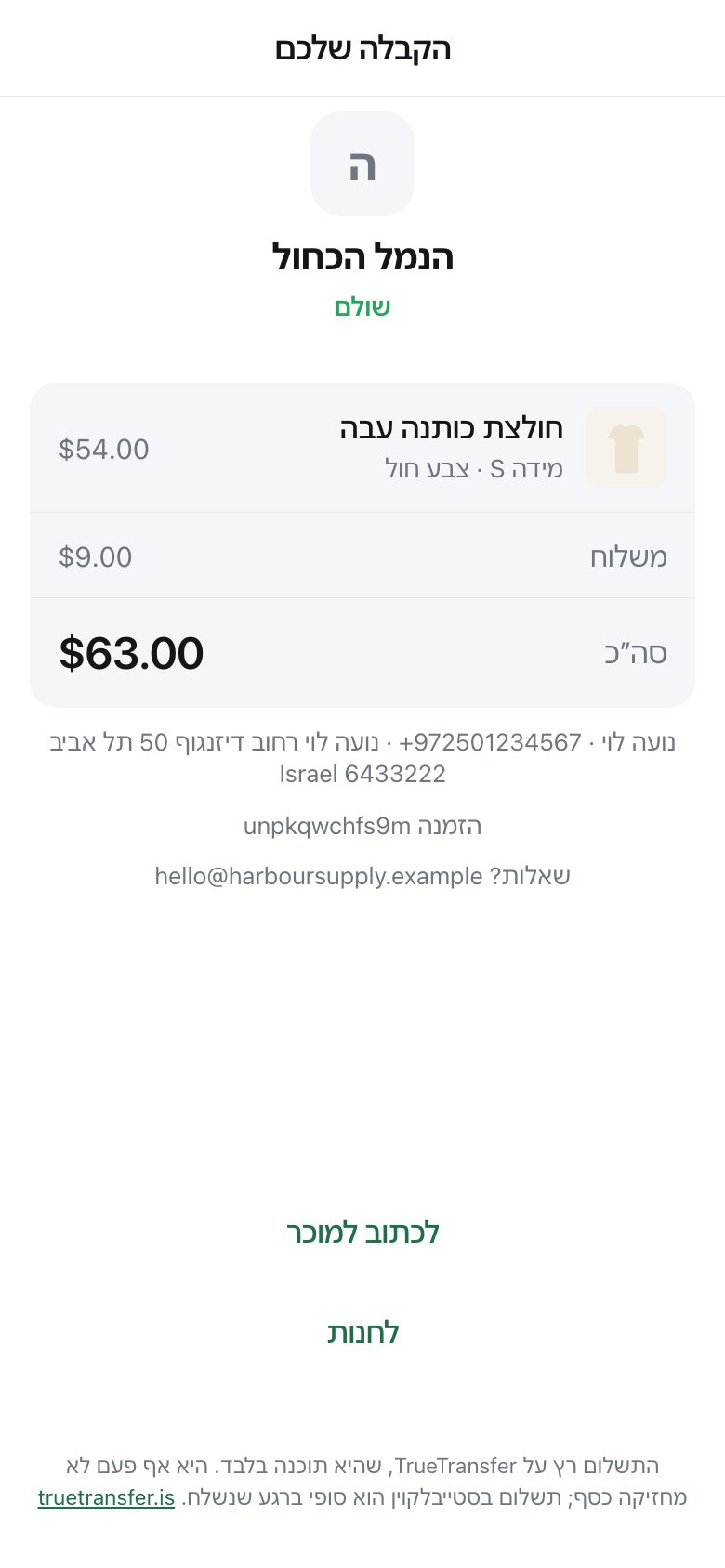 A receipt showing the shop name, the item, delivery, the total, and buttons to message the seller