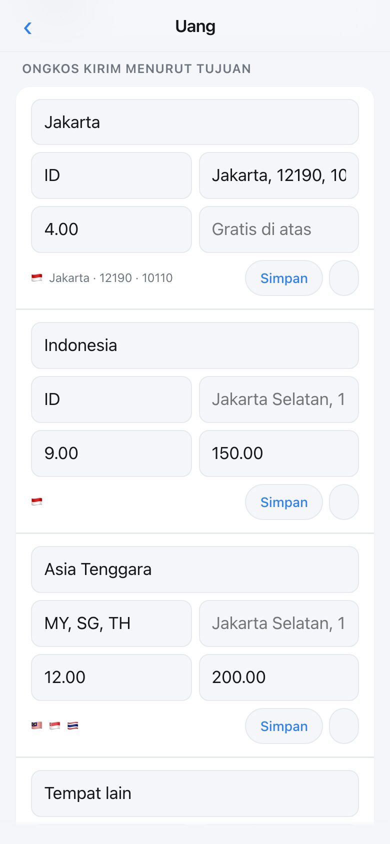The delivery screen showing several tiers, each with the places it covers and a price