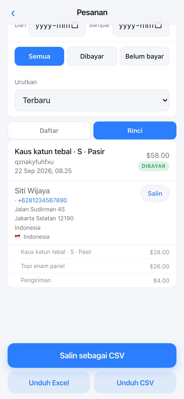 An order showing the order number, when it was placed, the buyer, their telephone and their full address