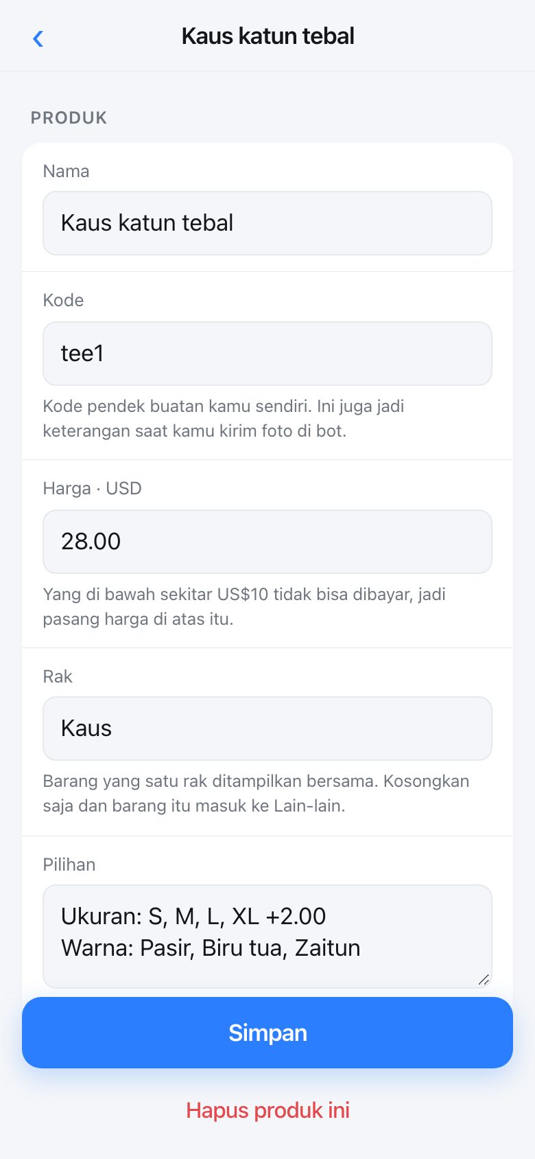 Editing one product: name, code, price, shelf and choices