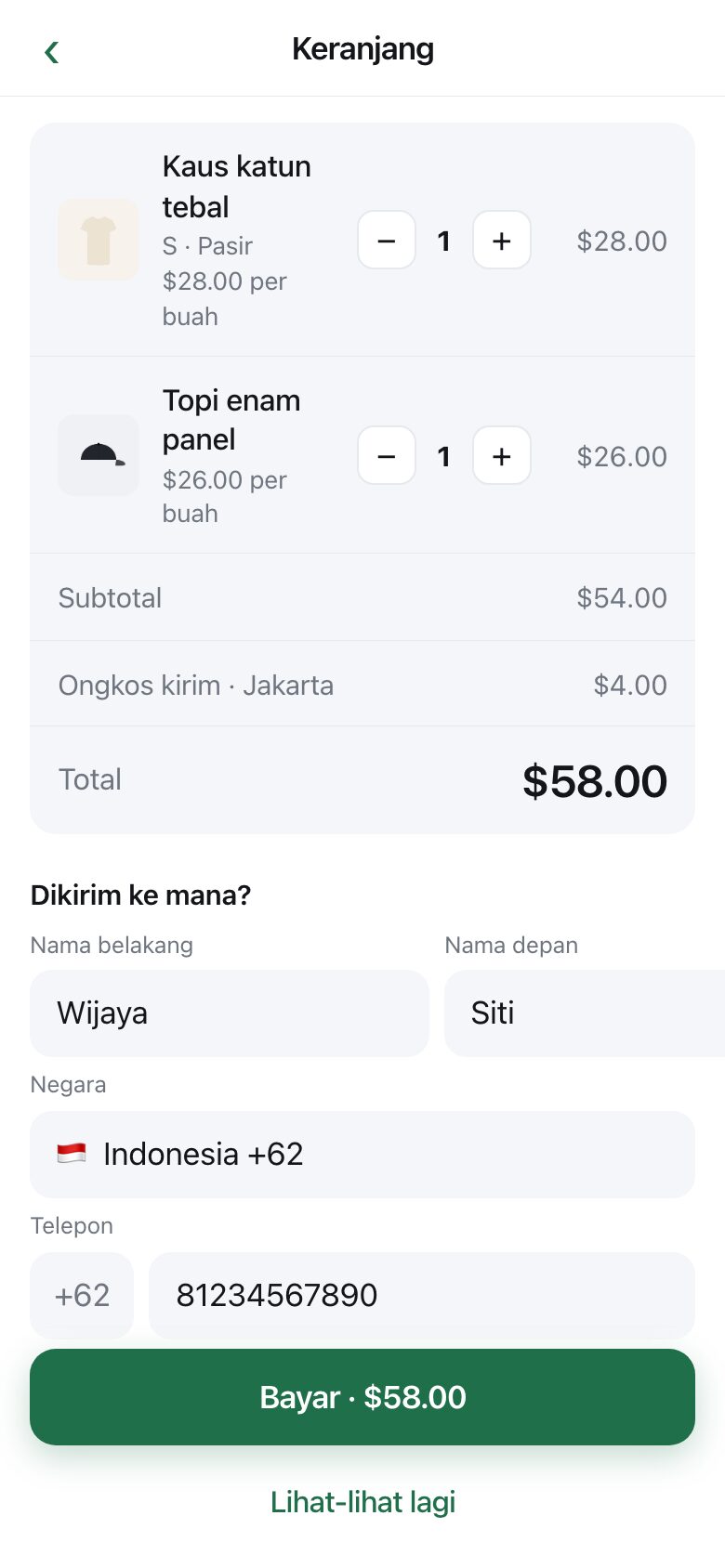 A basket with three items, a subtotal, a named delivery charge and a total, above an address form