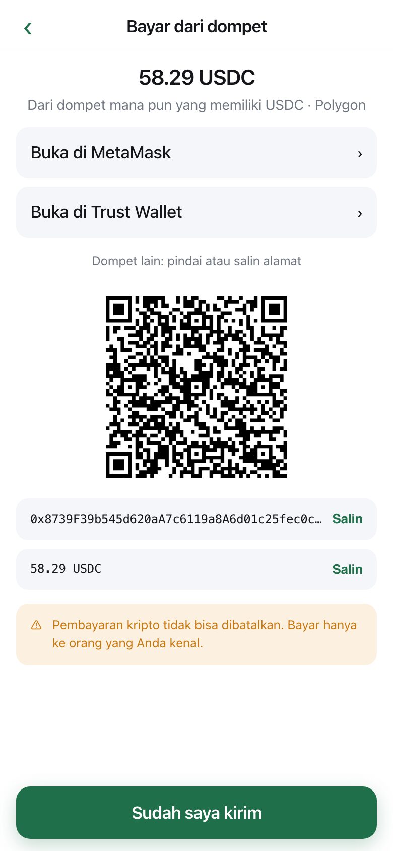 A wallet payment screen with the exact amount, a QR code, the address, and buttons to open a wallet app