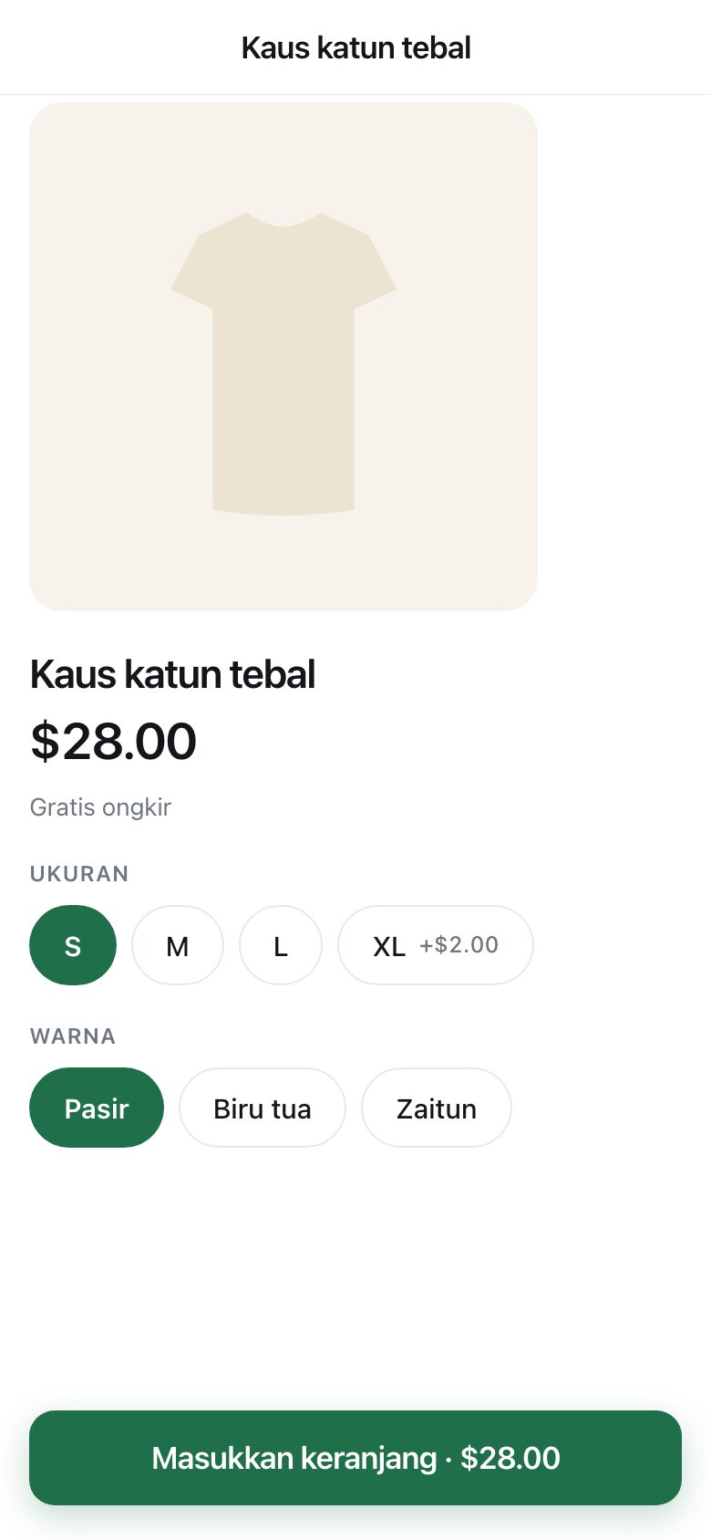 A product page showing a T-shirt with size and colour choices and a delivery line