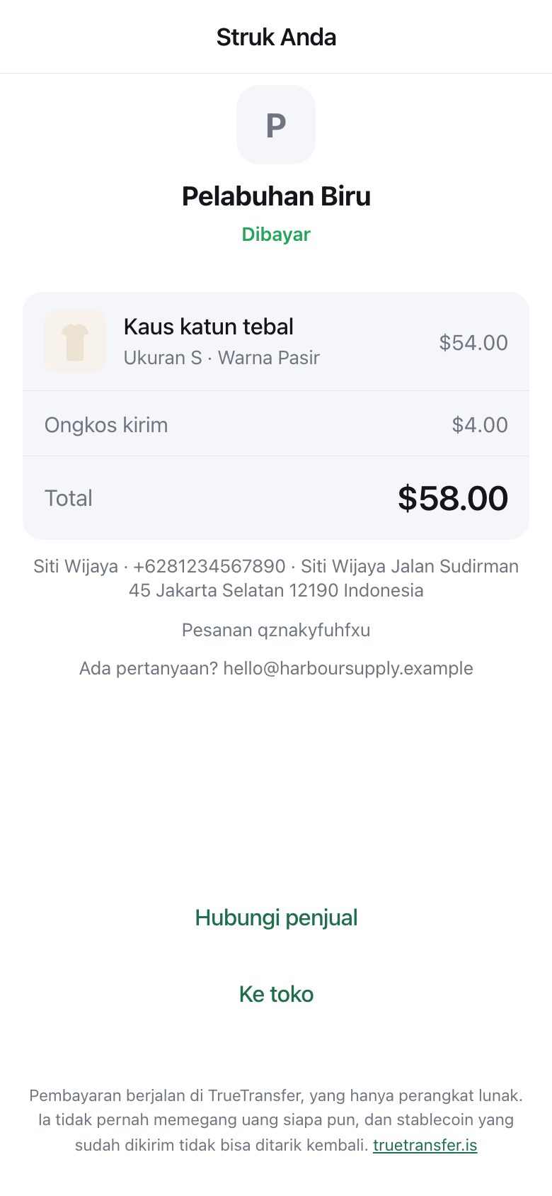 A receipt showing the shop name, the item, delivery, the total, and buttons to message the seller