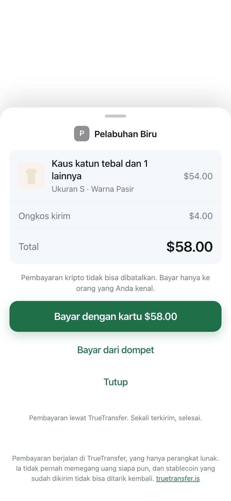A payment sheet sliding up from the bottom showing shop name, items, delivery and total, with a pay button