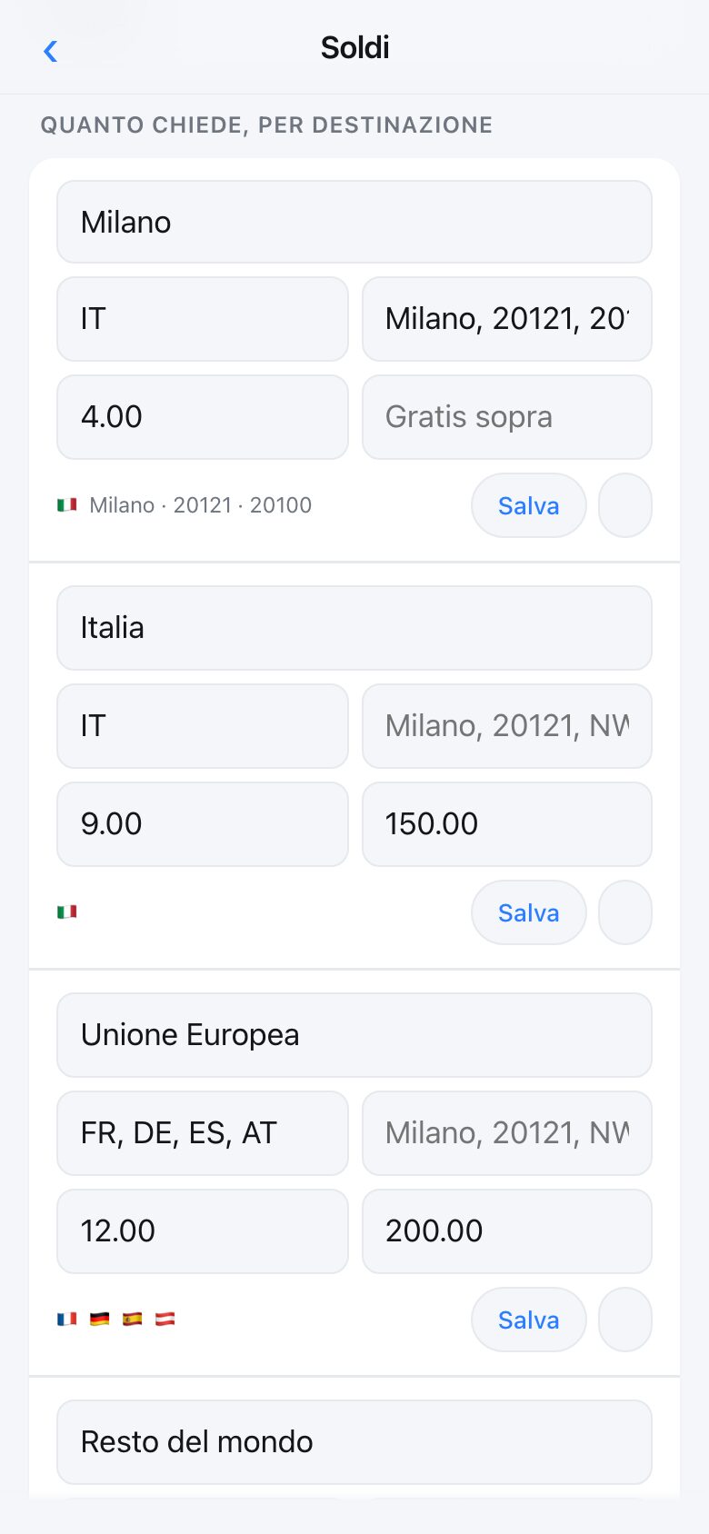 The delivery screen showing several tiers, each with the places it covers and a price
