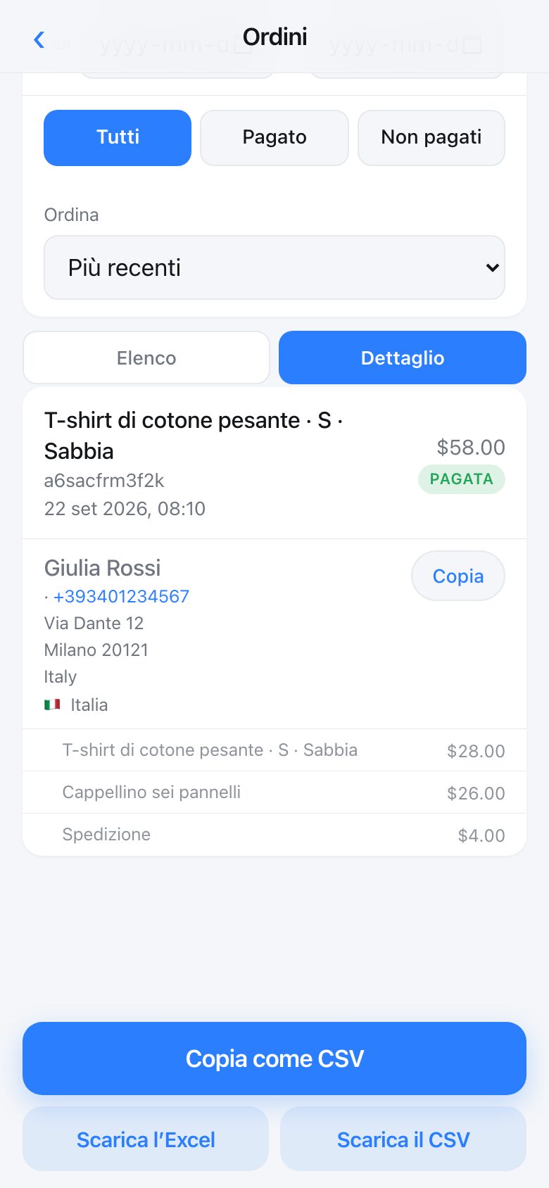 An order showing the order number, when it was placed, the buyer, their telephone and their full address